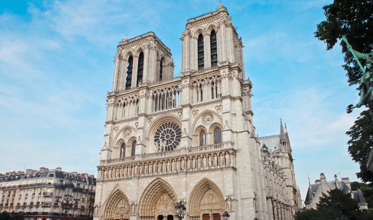Architectural beauty of Notre Dame Cathedral with crowds in Paris, France.